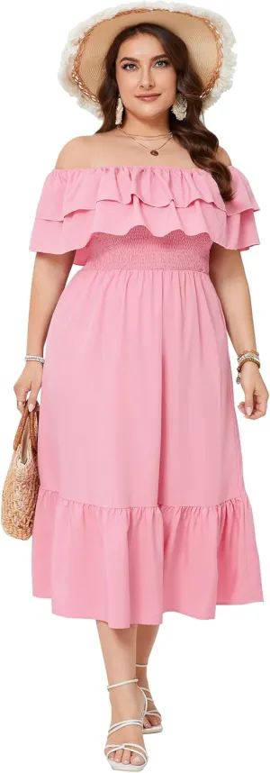 KOJOOIN Women Plus Size Off Shoulder Maxi Dress Ruffle Flowy Casual Summer Boho Long Dresses