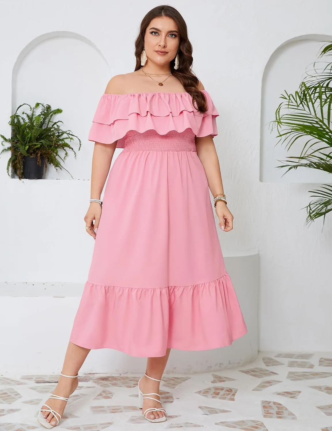 KOJOOIN Women Plus Size Off Shoulder Maxi Dress Ruffle Flowy Casual Summer Boho Long Dresses