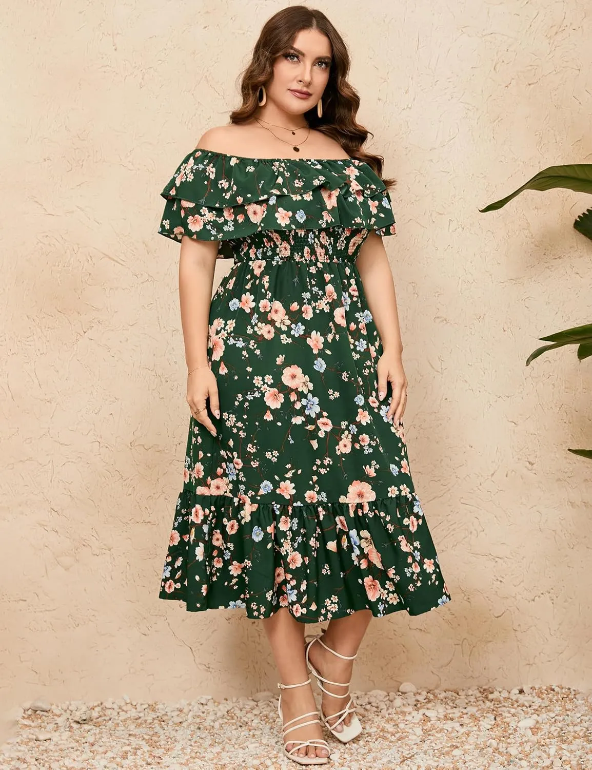 KOJOOIN Women Plus Size Off Shoulder Maxi Dress Ruffle Flowy Casual Summer Boho Long Dresses