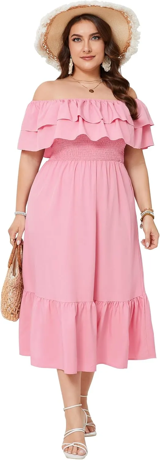 KOJOOIN Women Plus Size Off Shoulder Maxi Dress Ruffle Flowy Casual Summer Boho Long Dresses