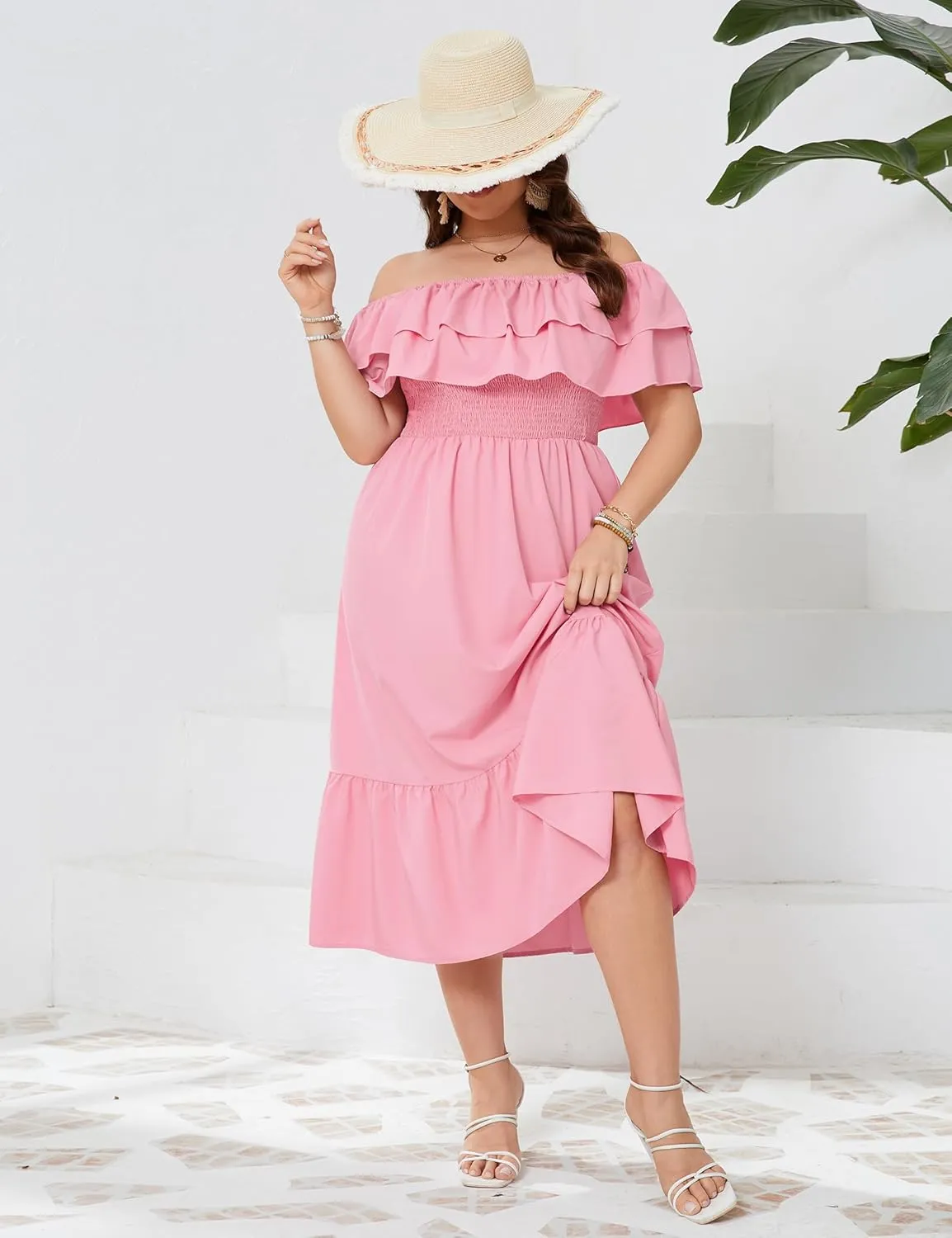 KOJOOIN Women Plus Size Off Shoulder Maxi Dress Ruffle Flowy Casual Summer Boho Long Dresses