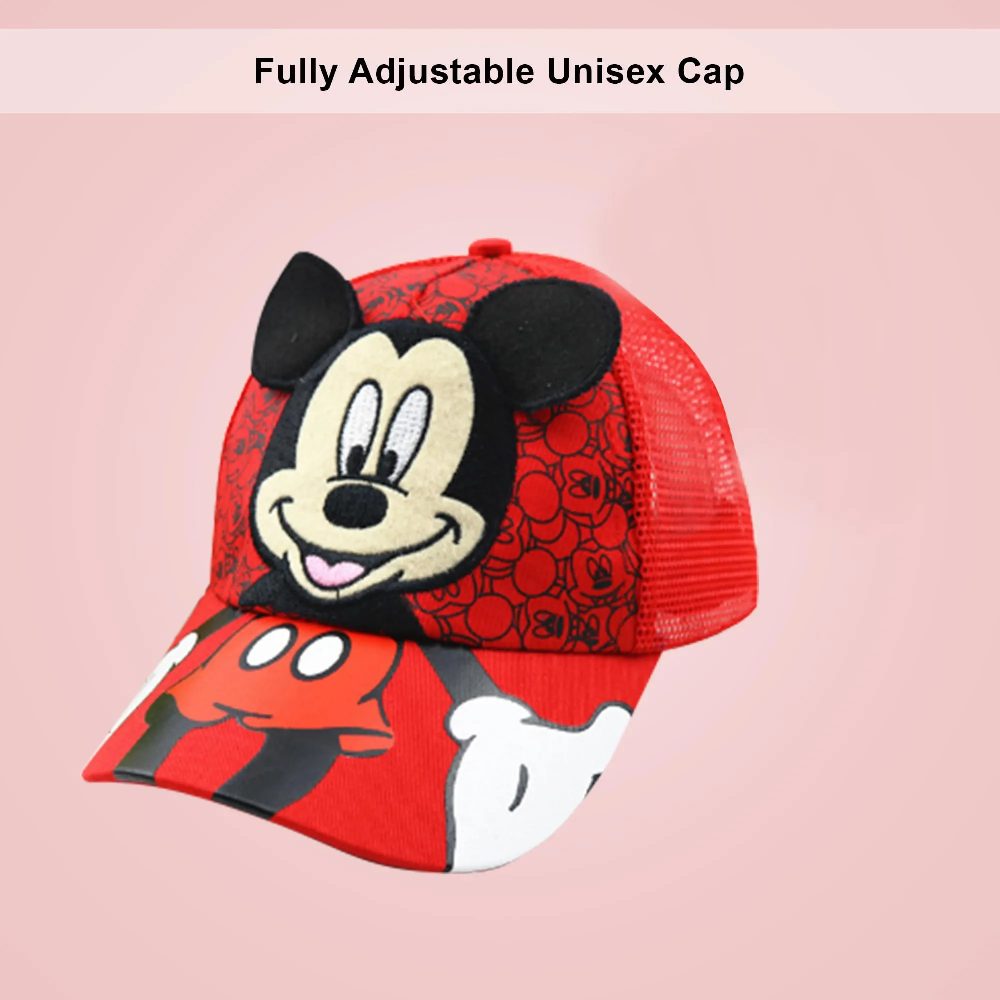 Kuber Industries Pack of 3 Mickey Mouse Cap | Adjustable Cap for Boys and Girls | Cartoon Character Printed Little Cap for Kids | Cap for 7-12 Year Old Baby Girls and Boys |QI0102-A | Red