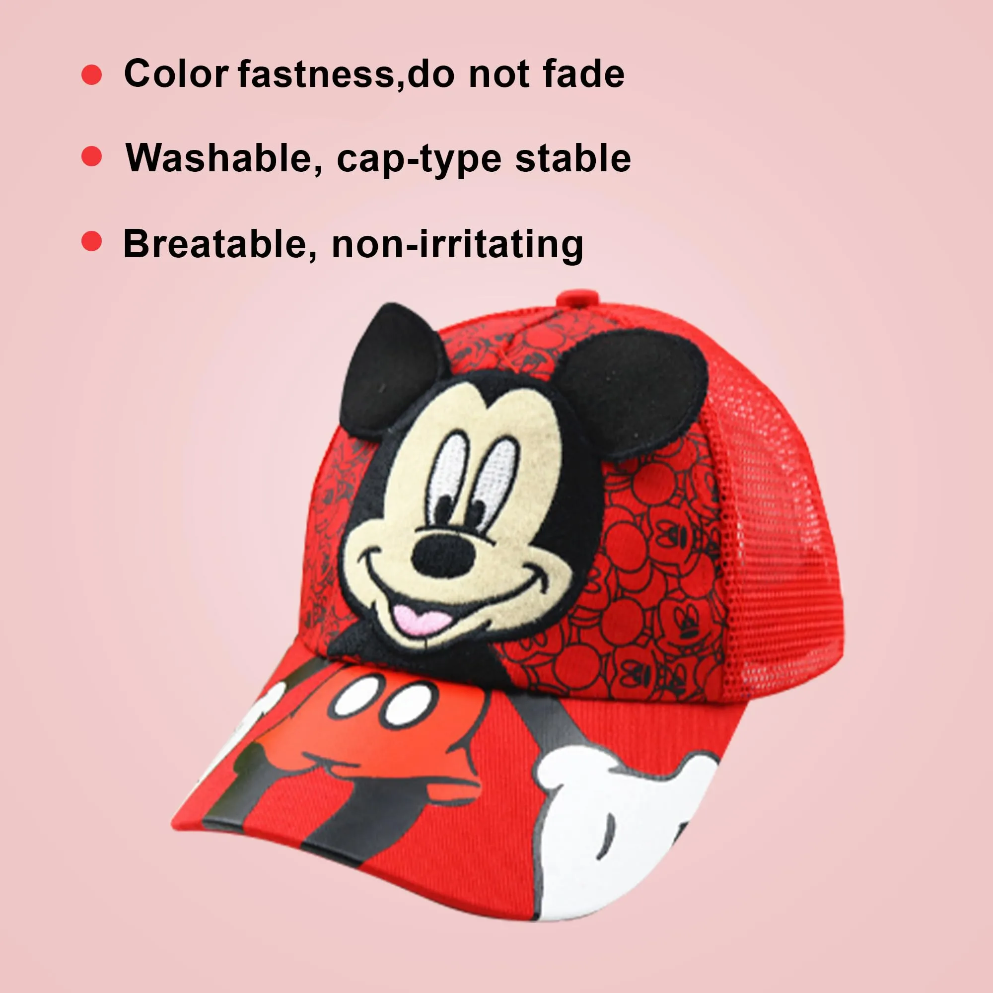 Kuber Industries Pack of 3 Mickey Mouse Cap | Adjustable Cap for Boys and Girls | Cartoon Character Printed Little Cap for Kids | Cap for 7-12 Year Old Baby Girls and Boys |QI0102-A | Red