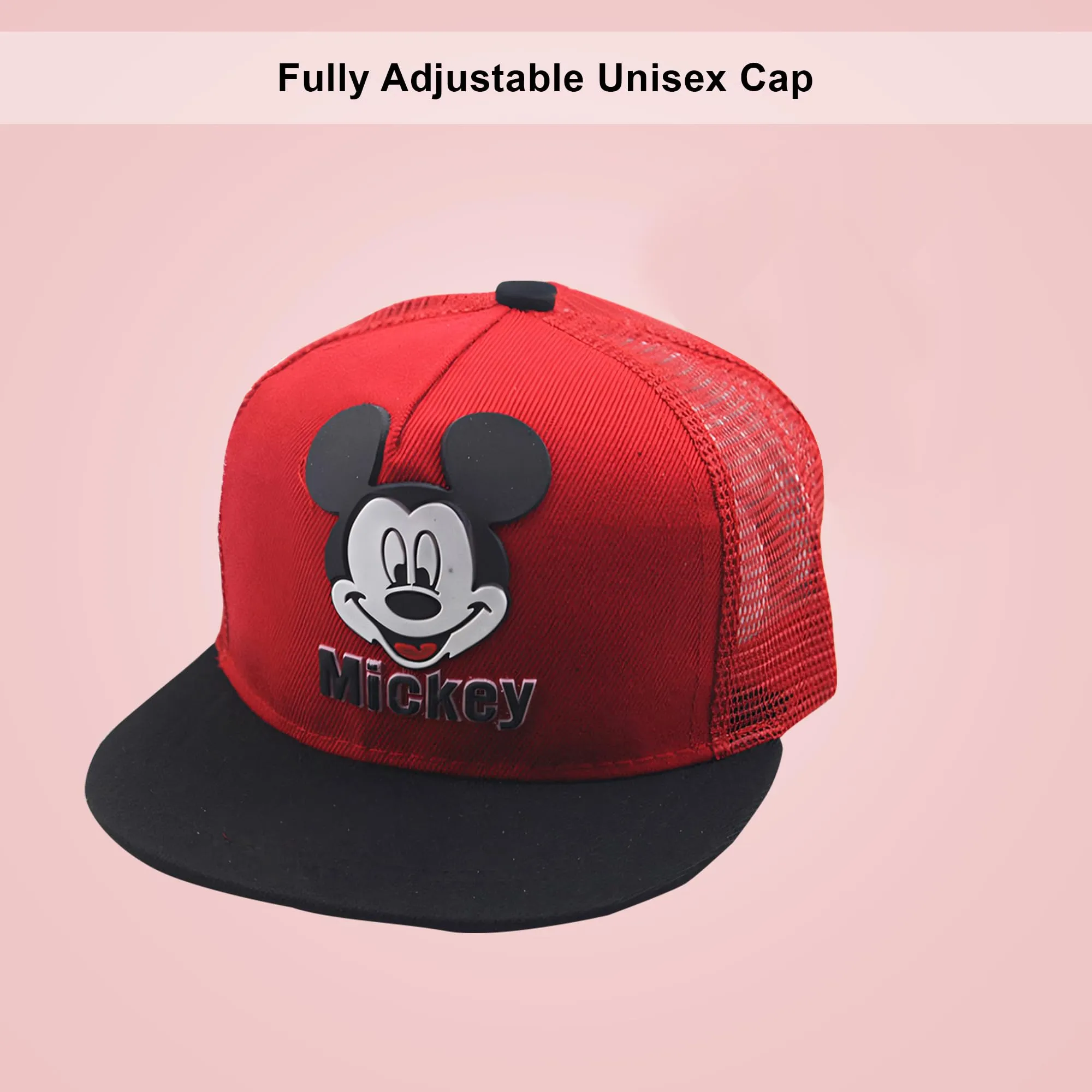 Kuber Industries Pack of 4 Mickey Mouse Cap | Adjustable Cap for Boys and Girls | Cartoon Character Printed Little Cap for Kids | Cap for 7-12 Year Old Baby Girls and Boys | QI0092-A | Red