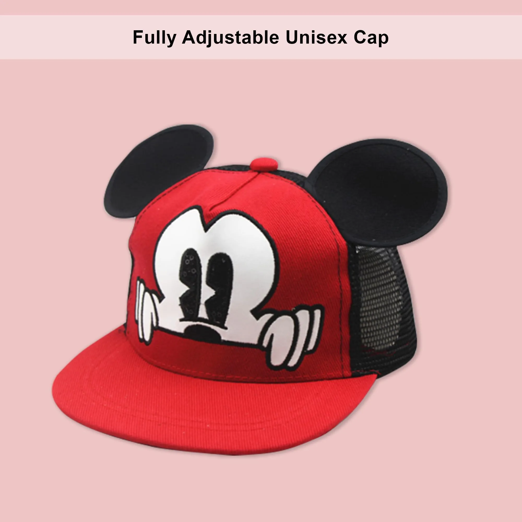 Kuber Industries Pack of 4 Mickey Mouse Cap | Adjustable Cap for Boys and Girls | Cartoon Character Printed Little Cap for Kids | Cap for 7-12 Year Old Baby Girls and Boys | T1639-B | Red
