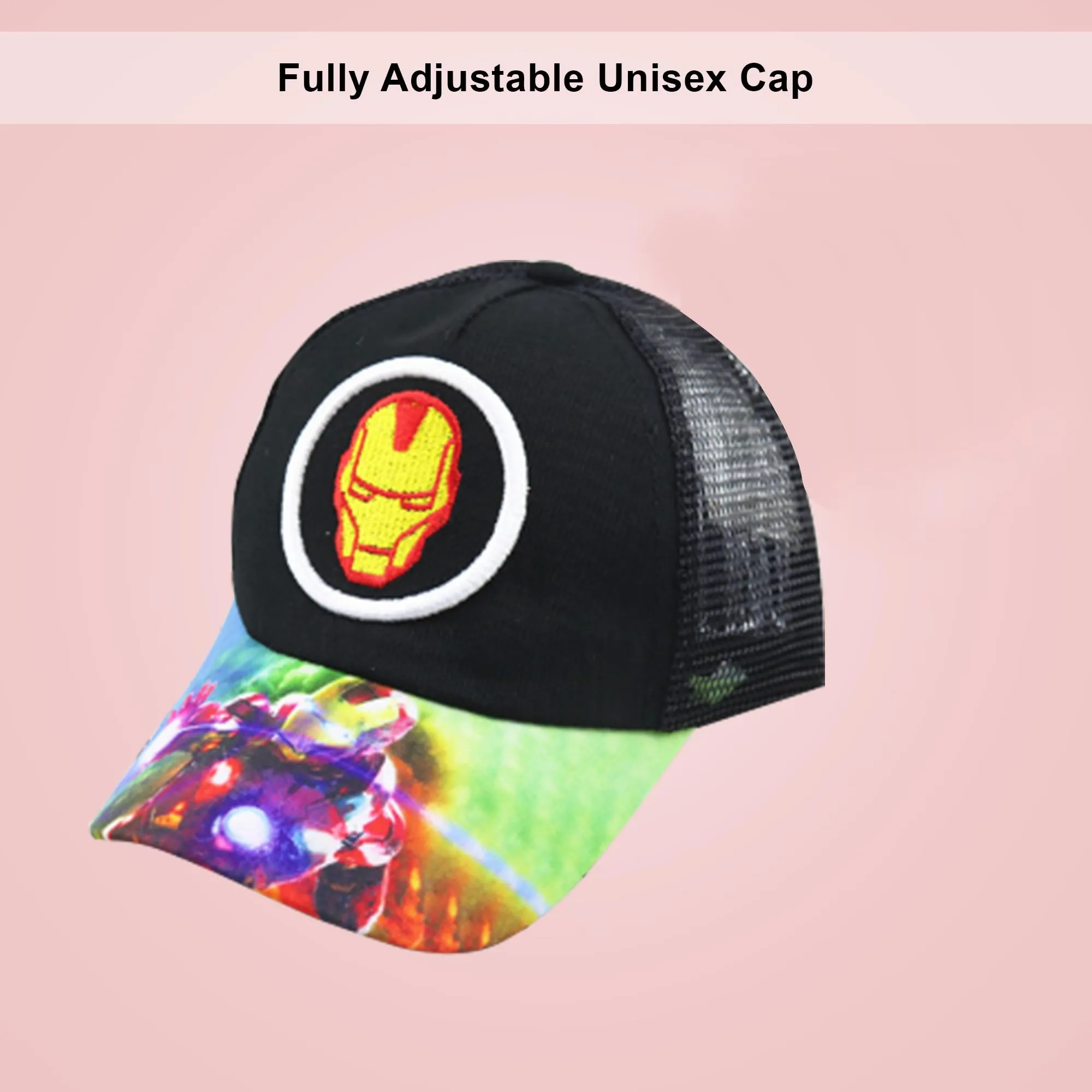Kuber Industries Pack of 5 Iron Man | Adjustable Cap for Boys and Girls | Cartoon Character Printed Little Cap for Kids | Cap for 7-12 Year Old Baby Girls and Boys |T20310C | Black