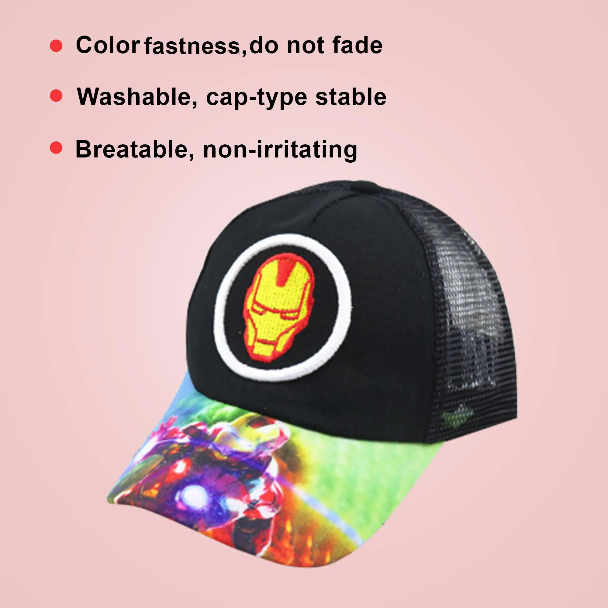 Kuber Industries Pack of 5 Iron Man | Adjustable Cap for Boys and Girls | Cartoon Character Printed Little Cap for Kids | Cap for 7-12 Year Old Baby Girls and Boys |T20310C | Black