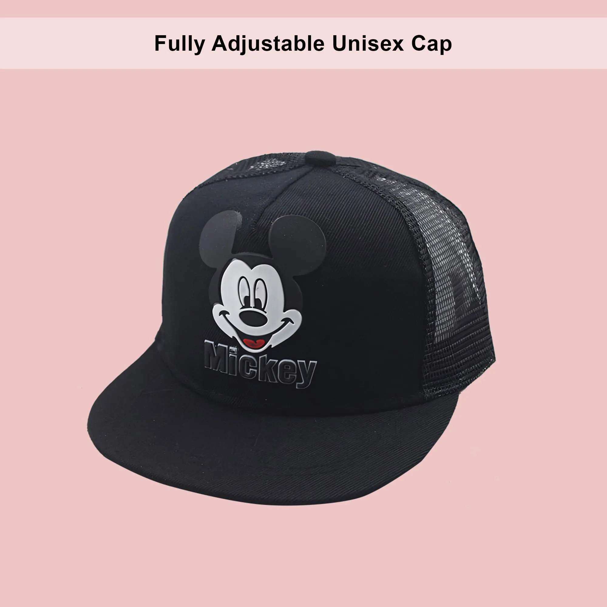 Kuber Industries Pack of 6 Mickey Mouse Cap | Adjustable Cap for Boys and Girls | Cartoon Character Printed Little Cap for Kids | Cap for 7-12 Year Old Baby Girls and Boys | QI0092-C | Black