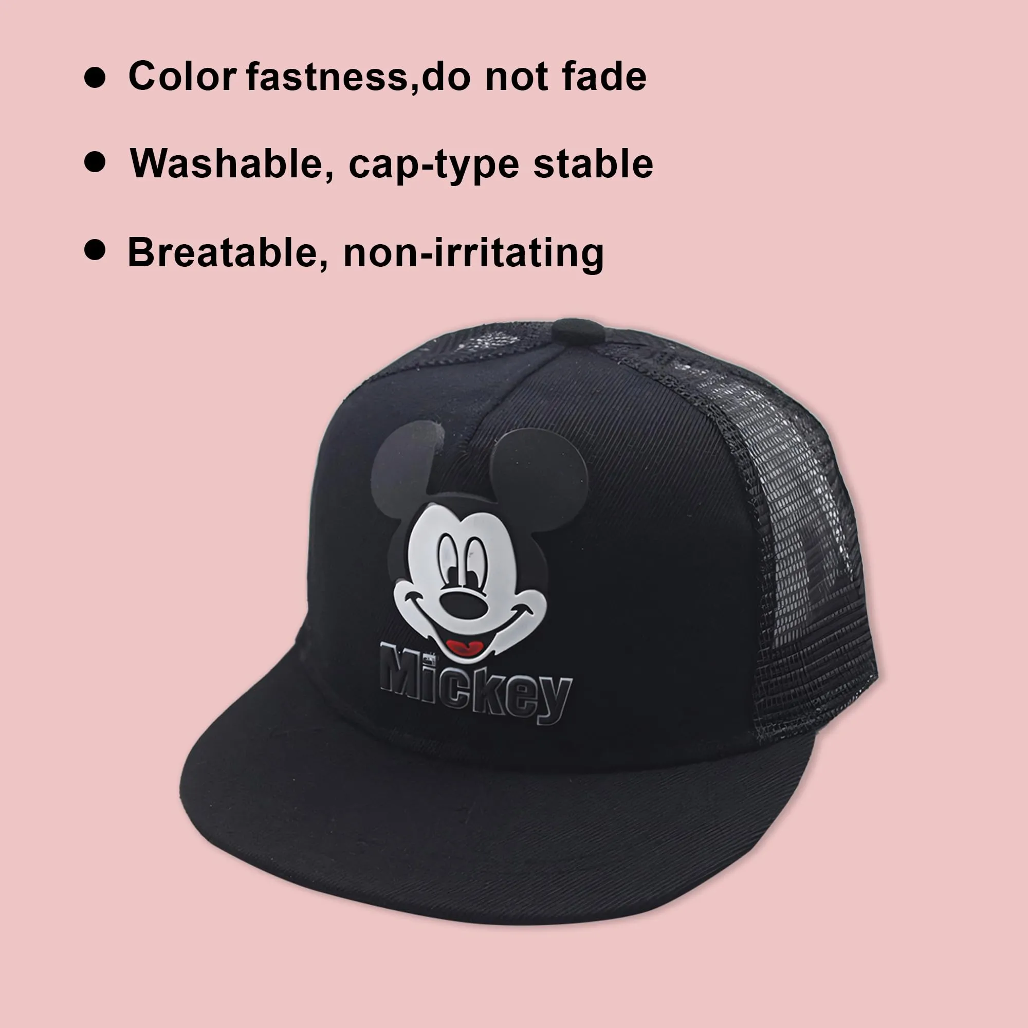 Kuber Industries Pack of 6 Mickey Mouse Cap | Adjustable Cap for Boys and Girls | Cartoon Character Printed Little Cap for Kids | Cap for 7-12 Year Old Baby Girls and Boys | QI0092-C | Black