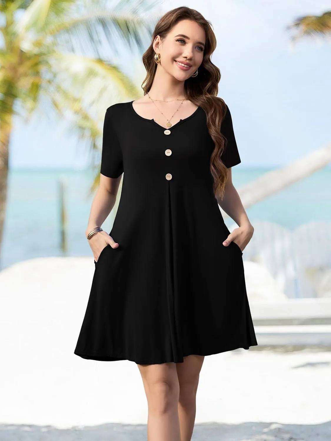 LARACE Womens Summer Dresses Plus Size Swimwear Cover Up Casual V Neck Button Up Short Sleeve Mini Dress with Pockets