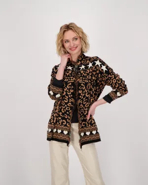 Leopard Star Intarsia Fringed Front Open Cardigan