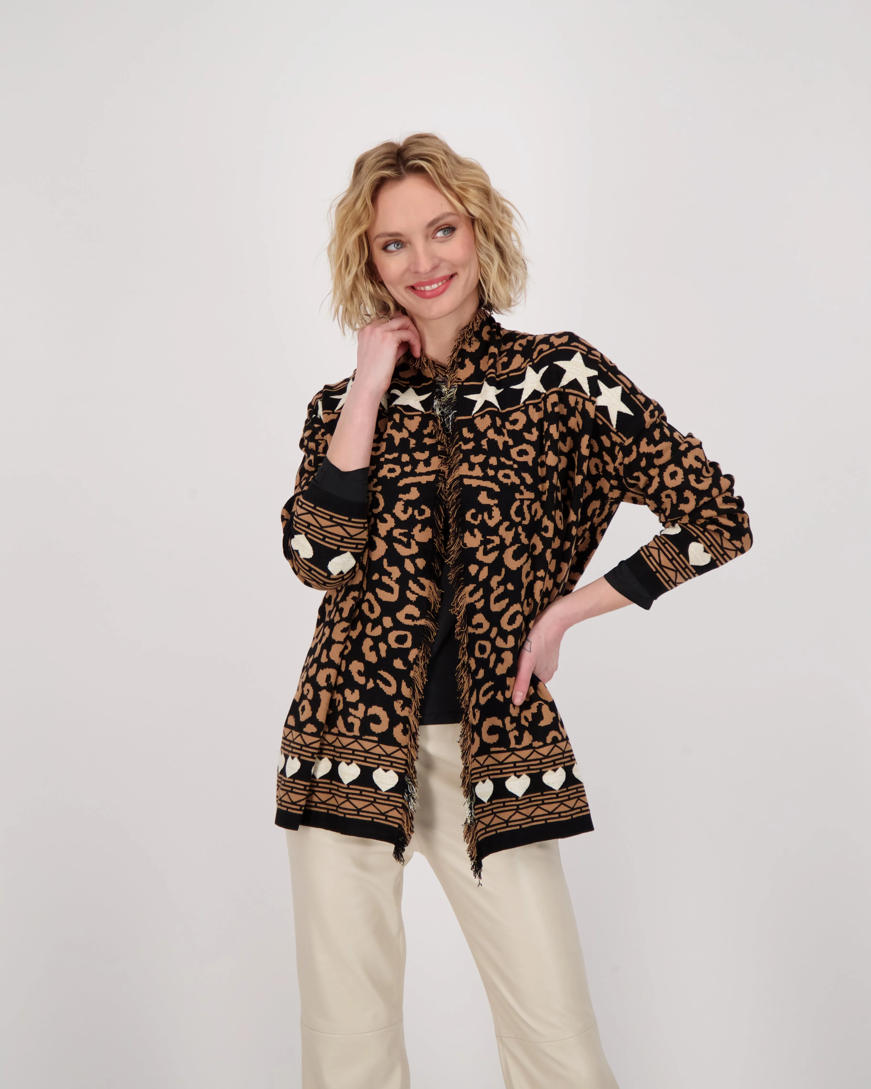 Leopard Star Intarsia Fringed Front Open Cardigan