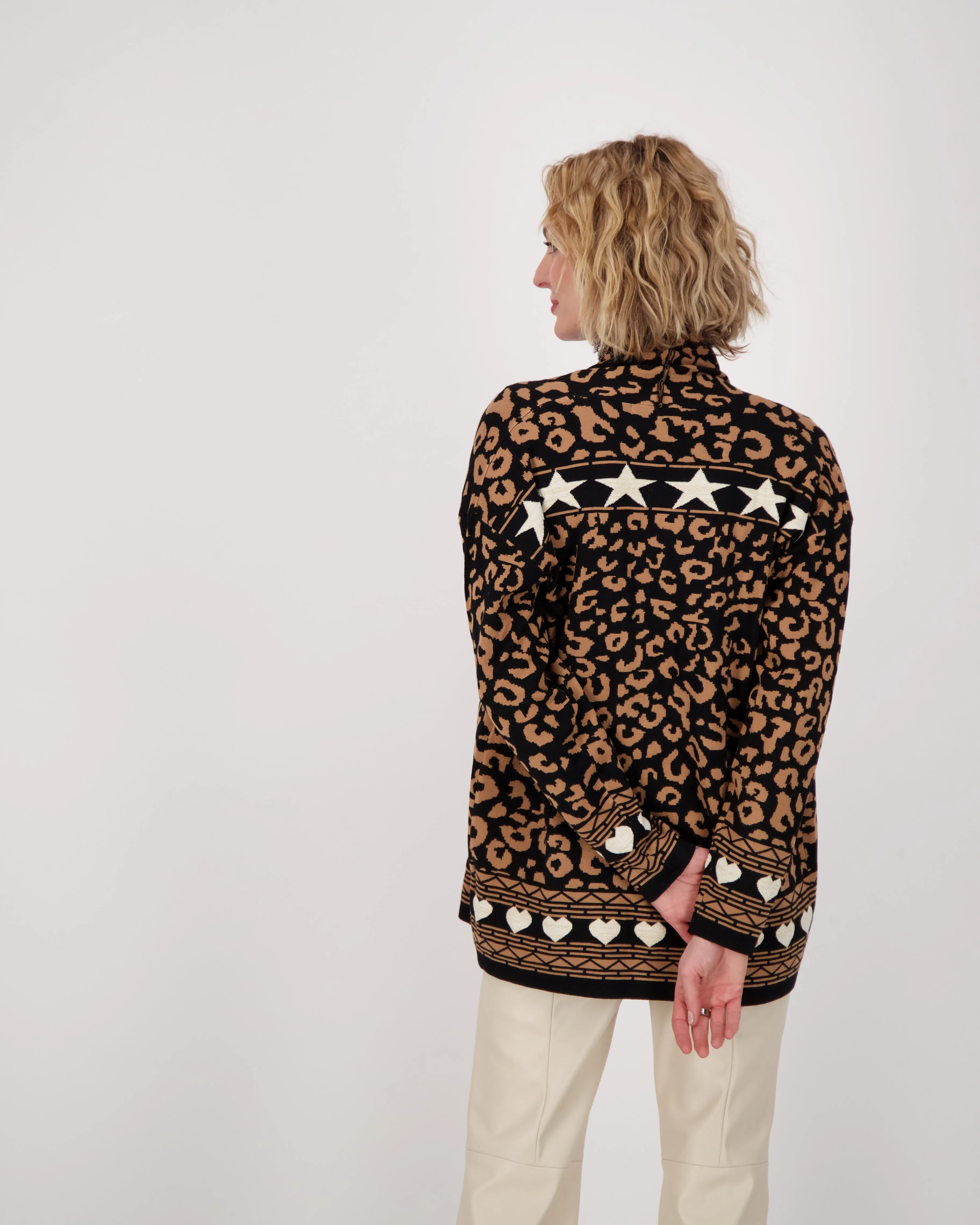 Leopard Star Intarsia Fringed Front Open Cardigan