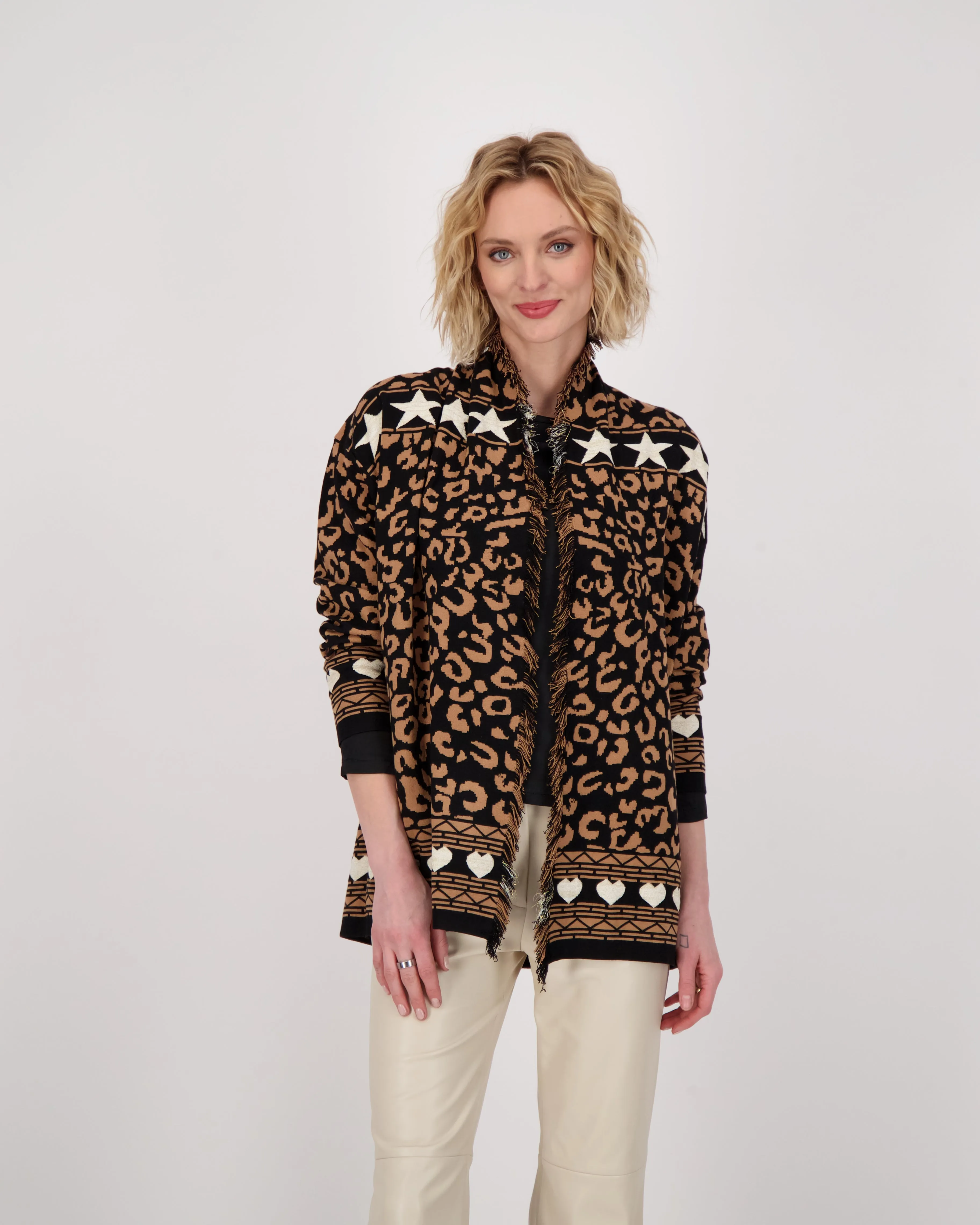 Leopard Star Intarsia Fringed Front Open Cardigan
