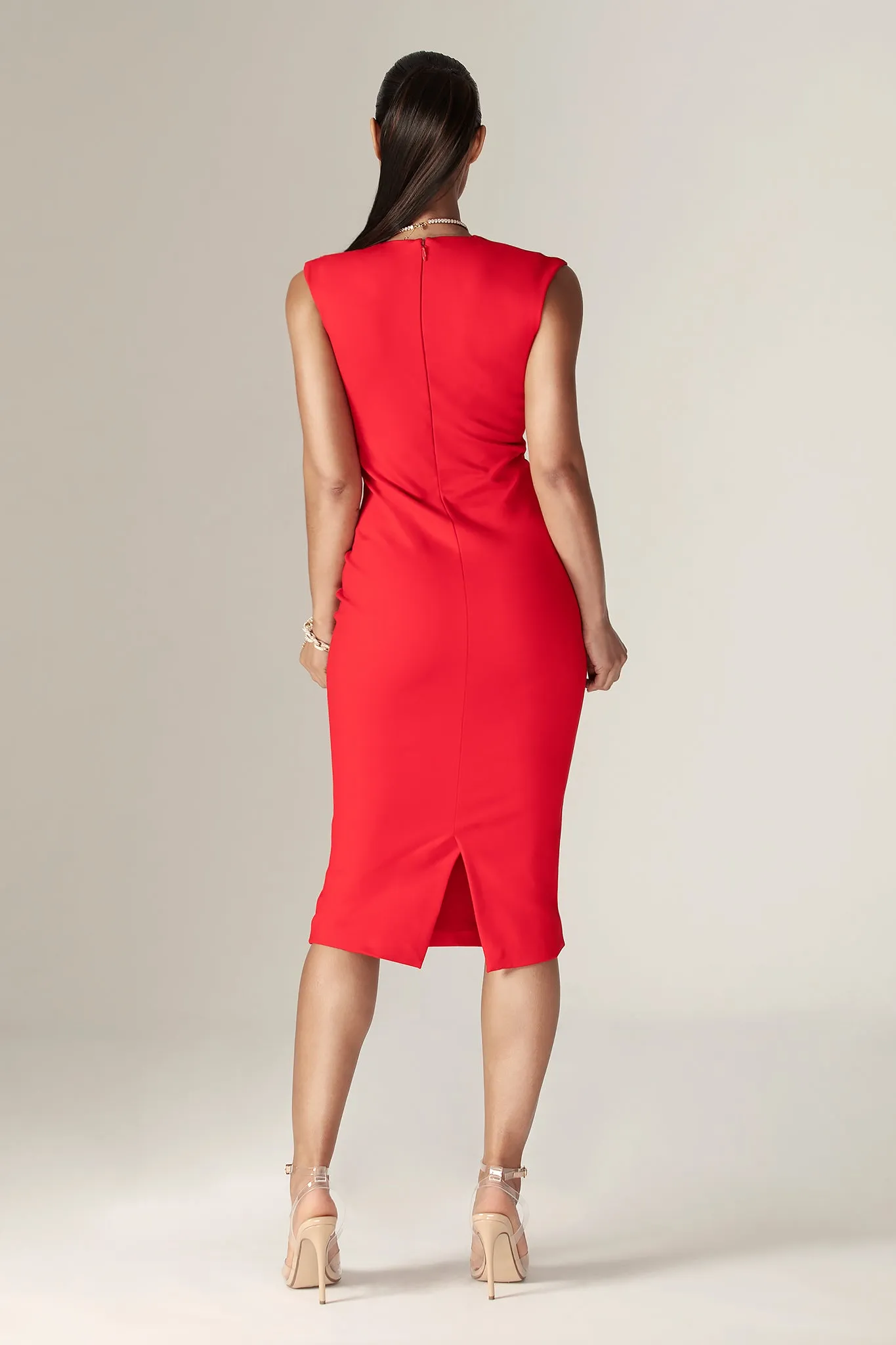 Lianna Deep Slit Neckline Dress (Red)