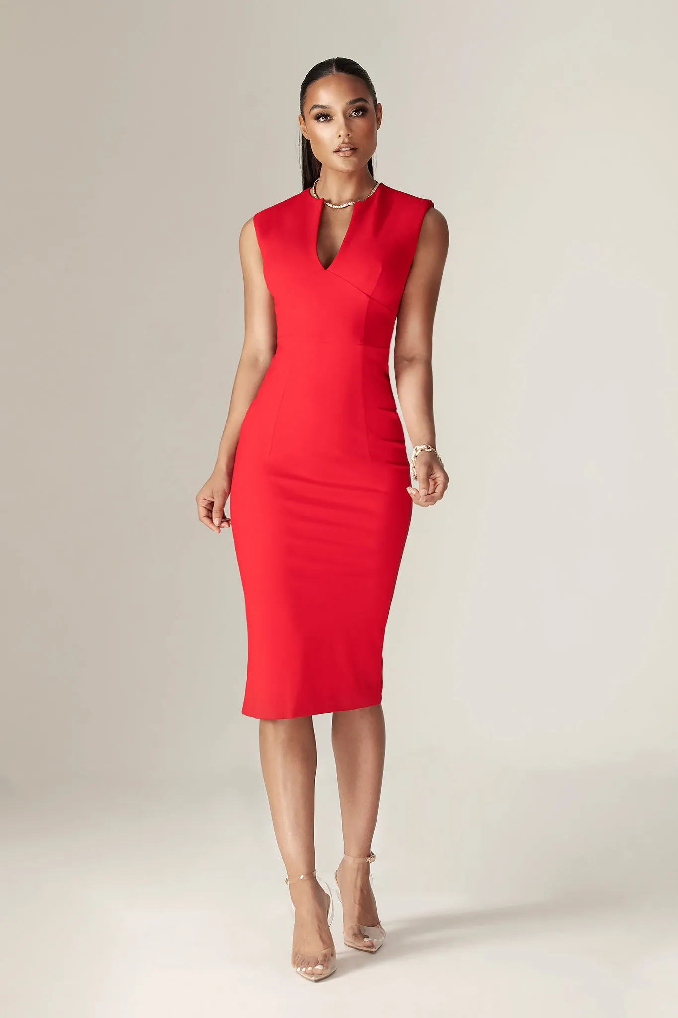 Lianna Deep Slit Neckline Dress (Red)