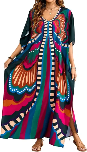MAKABO Women's Short Sleeves Colorful Cover Ups For Women Caftan Beach Dress Plus Size