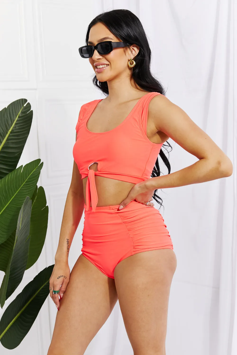 Marina West Swim Sanibel Crop Swim Top and Ruched Bottoms Set in Coral (TB9D) T