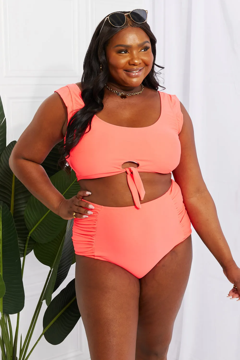 Marina West Swim Sanibel Crop Swim Top and Ruched Bottoms Set in Coral (TB9D) T