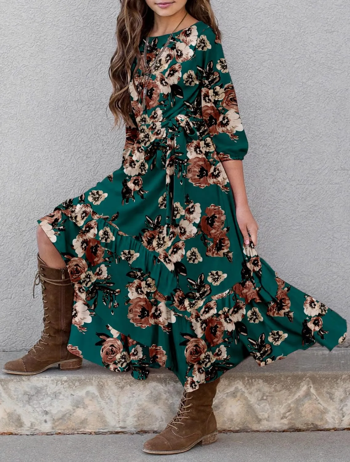 MITILLY Girls Loose Plain 3/4 Sleeve Casual Pocket Ruffle Swing Long Maxi Dress with Belt