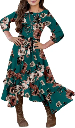 MITILLY Girls Loose Plain 3/4 Sleeve Casual Pocket Ruffle Swing Long Maxi Dress with Belt