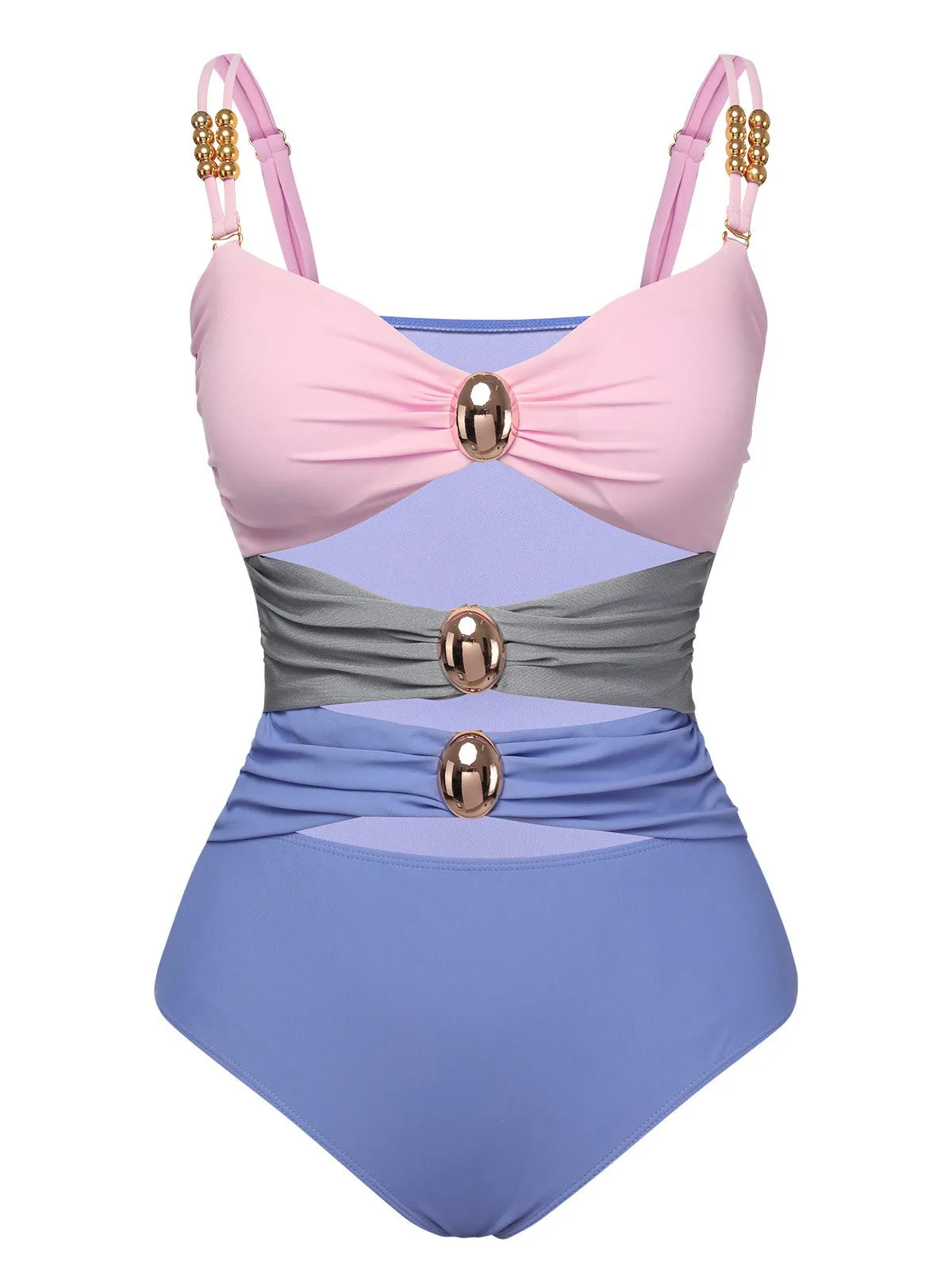 Multicolor 1960s Patchwork Hollow One-Piece Swimsuit