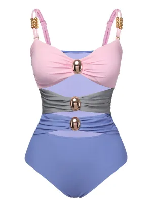 Multicolor 1960s Patchwork Hollow One-Piece Swimsuit