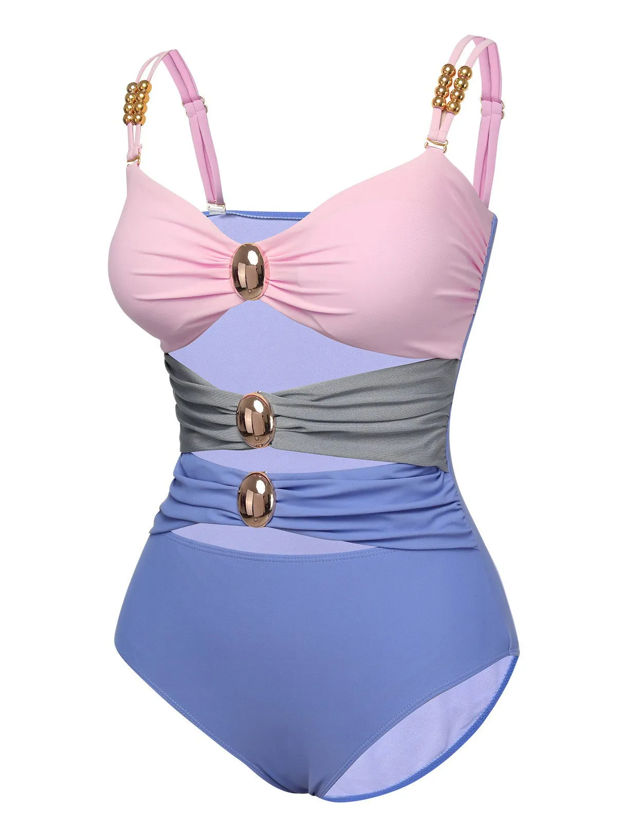 Multicolor 1960s Patchwork Hollow One-Piece Swimsuit