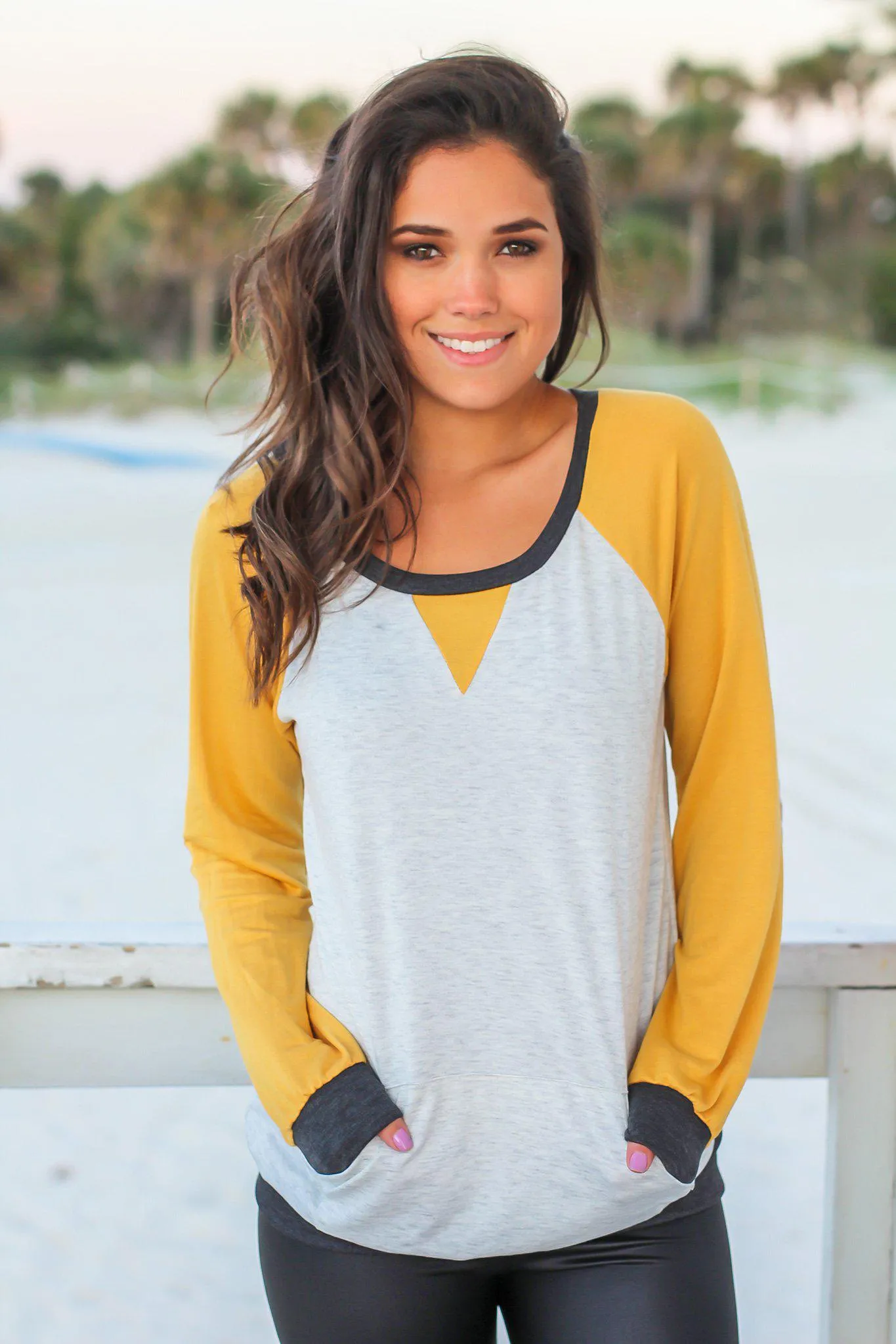 Mustard and Gray Color Block Pullover Top