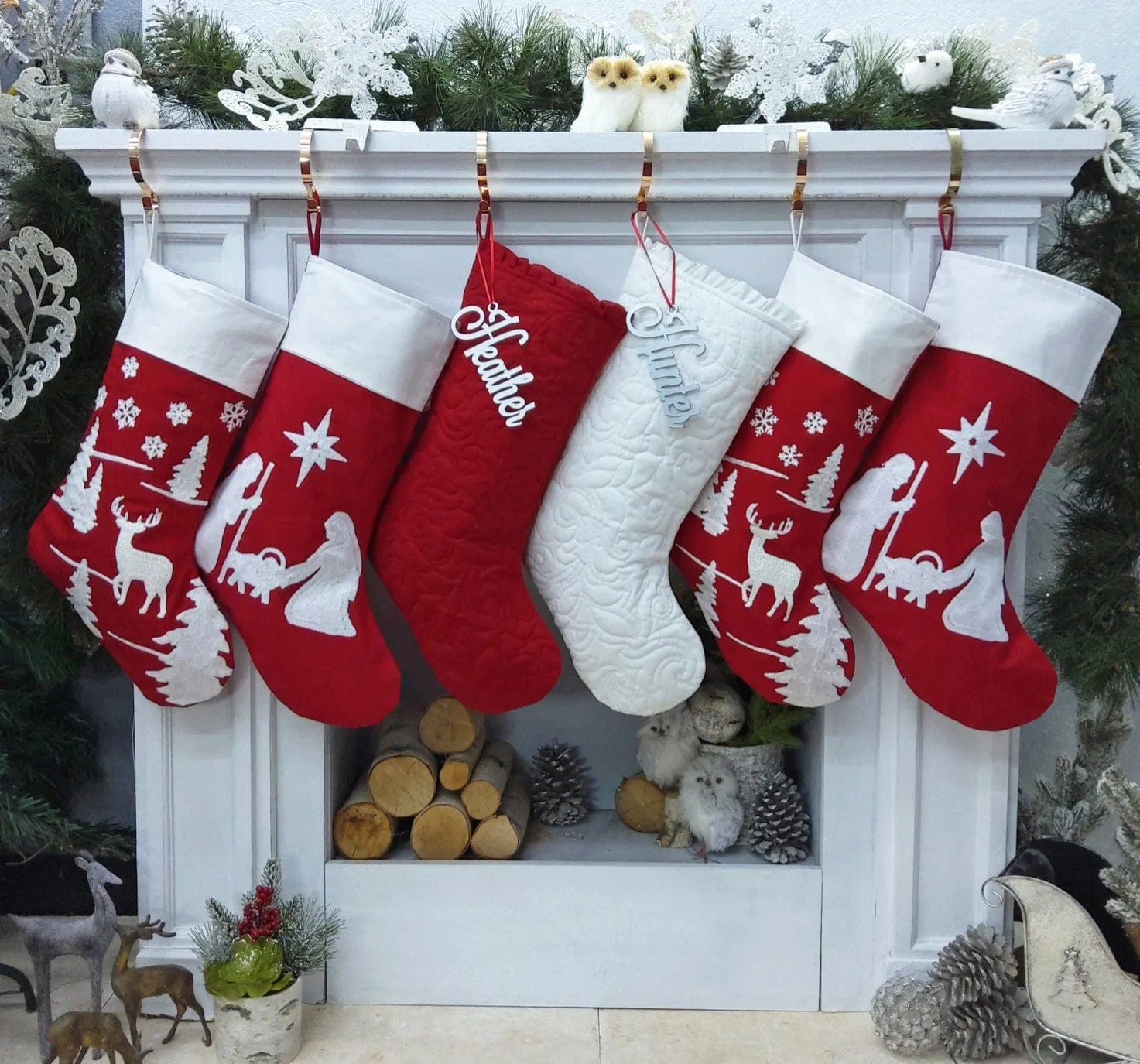 Nativity Christmas Stocking Red and White Silent Night Deer Ruffle and Chain Stitched Stockings Embroidered or with Cutout Wood Name Tag Christmas Stockings