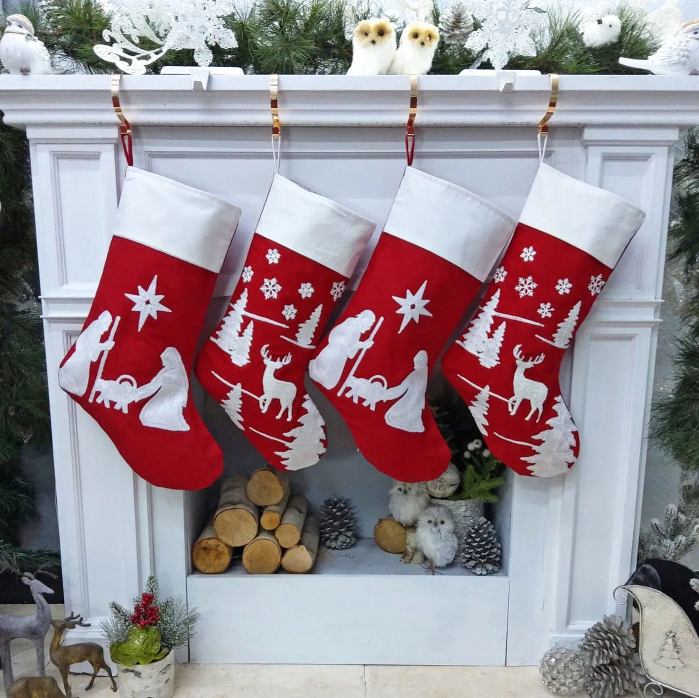 Nativity Christmas Stocking Red and White Silent Night Deer Ruffle and Chain Stitched Stockings Embroidered or with Cutout Wood Name Tag Christmas Stockings