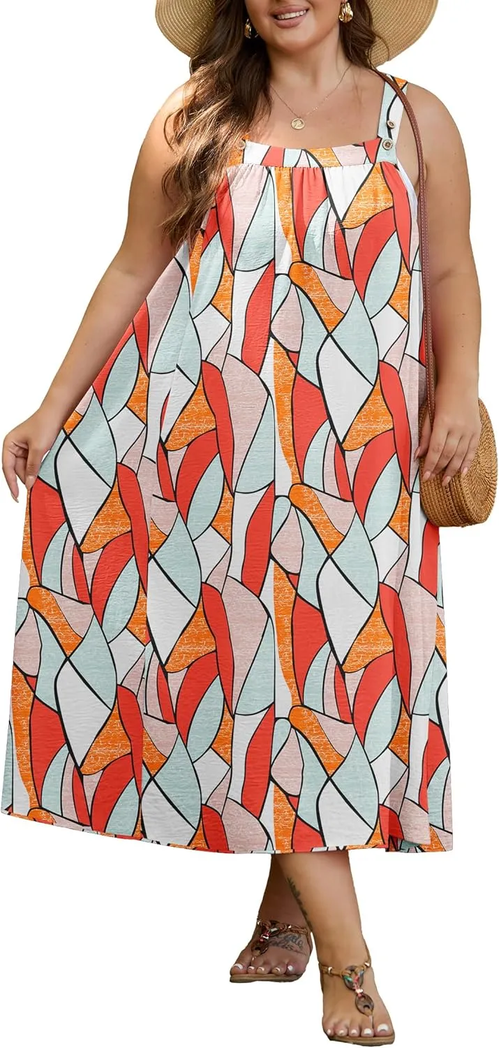 OLRIK Plus Size Casual Summer Dresses for Women Loose Fit A-Line Flowy Midi Dress with Pockets