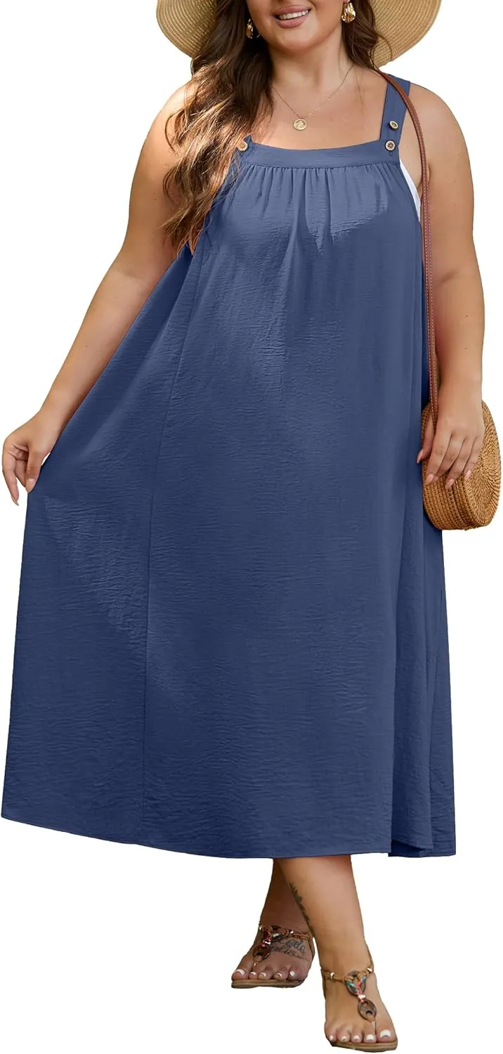 OLRIK Plus Size Casual Summer Dresses for Women Loose Fit A-Line Flowy Midi Dress with Pockets