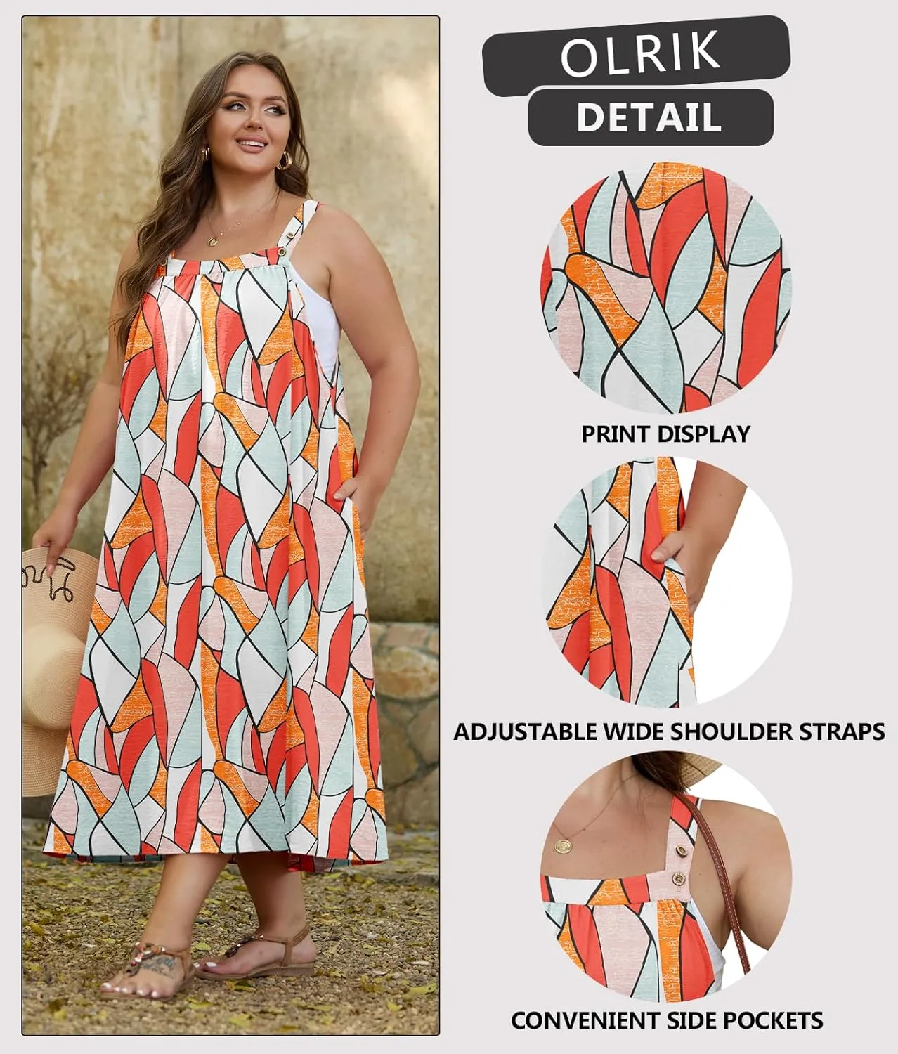 OLRIK Plus Size Casual Summer Dresses for Women Loose Fit A-Line Flowy Midi Dress with Pockets