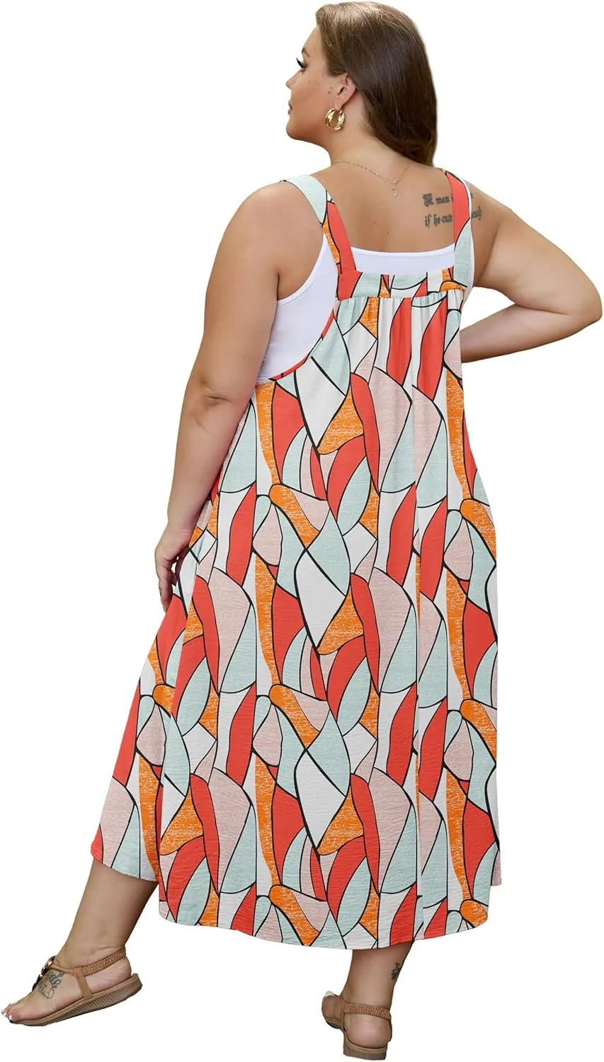 OLRIK Plus Size Casual Summer Dresses for Women Loose Fit A-Line Flowy Midi Dress with Pockets