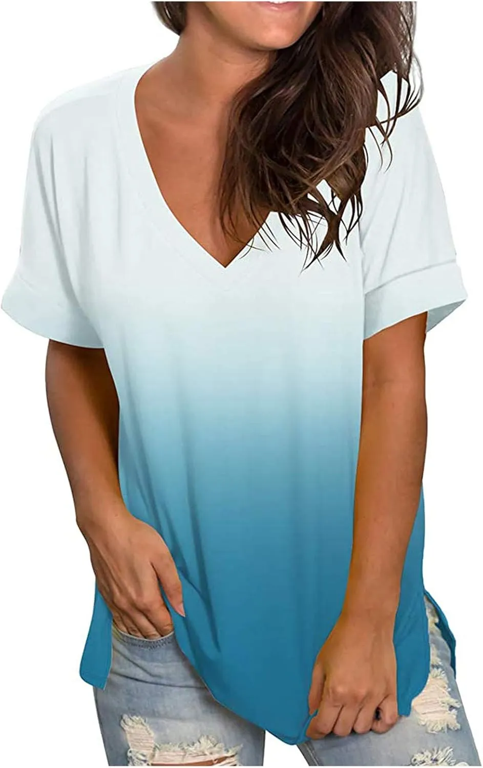Ombre Tshirt Women Cuffed Short Sleeve V-Neck Tie Dye Shirts Loose Fit Casual Tee T-Shirt Summer Gradient Tops Plus Size