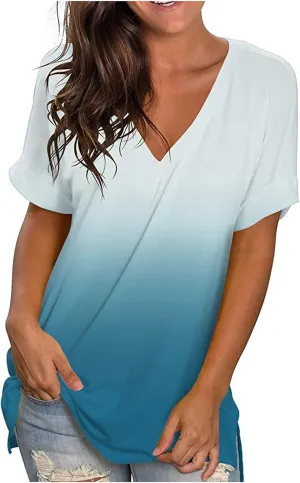 Ombre Tshirt Women Cuffed Short Sleeve V-Neck Tie Dye Shirts Loose Fit Casual Tee T-Shirt Summer Gradient Tops Plus Size