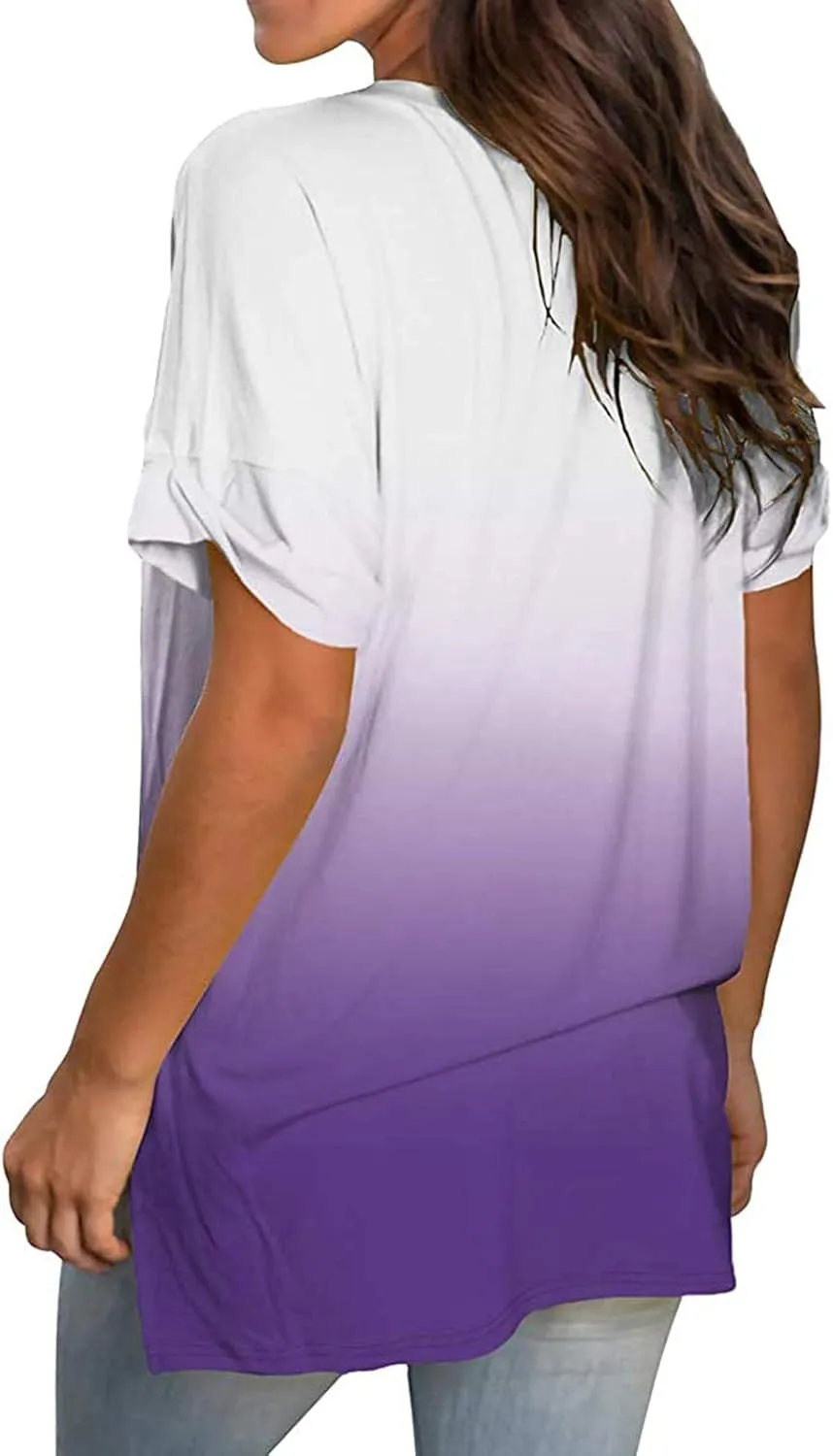 Ombre Tshirt Women Cuffed Short Sleeve V-Neck Tie Dye Shirts Loose Fit Casual Tee T-Shirt Summer Gradient Tops Plus Size