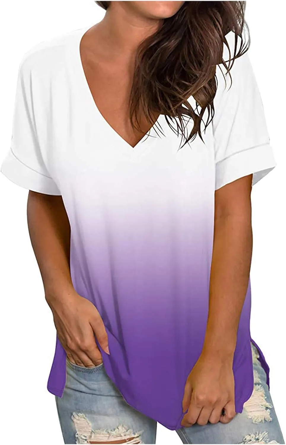 Ombre Tshirt Women Cuffed Short Sleeve V-Neck Tie Dye Shirts Loose Fit Casual Tee T-Shirt Summer Gradient Tops Plus Size