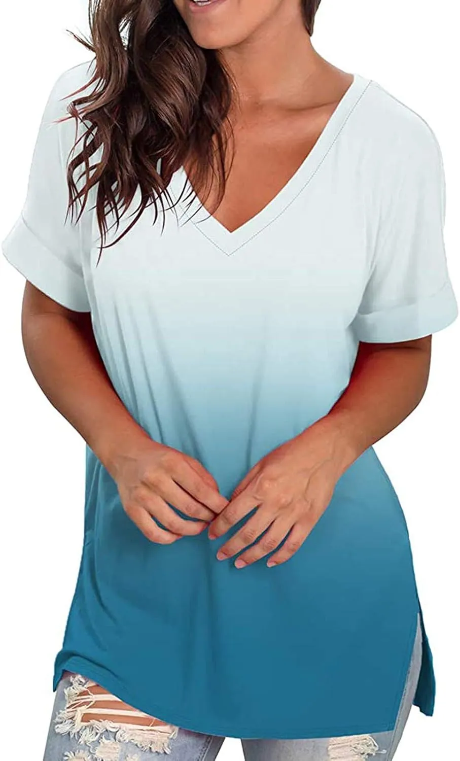 Ombre Tshirt Women Cuffed Short Sleeve V-Neck Tie Dye Shirts Loose Fit Casual Tee T-Shirt Summer Gradient Tops Plus Size