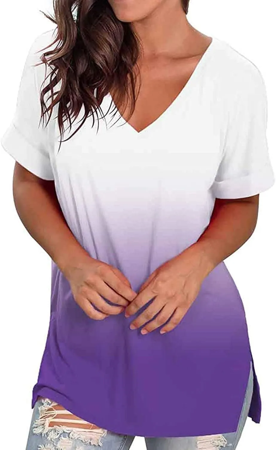 Ombre Tshirt Women Cuffed Short Sleeve V-Neck Tie Dye Shirts Loose Fit Casual Tee T-Shirt Summer Gradient Tops Plus Size