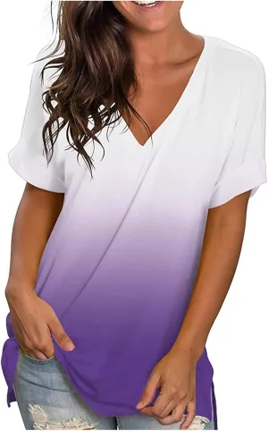 Ombre Tshirt Women Cuffed Short Sleeve V-Neck Tie Dye Shirts Loose Fit Casual Tee T-Shirt Summer Gradient Tops Plus Size