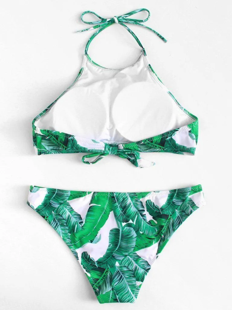 Palm Leaf Print Halter Neck Bikini Set