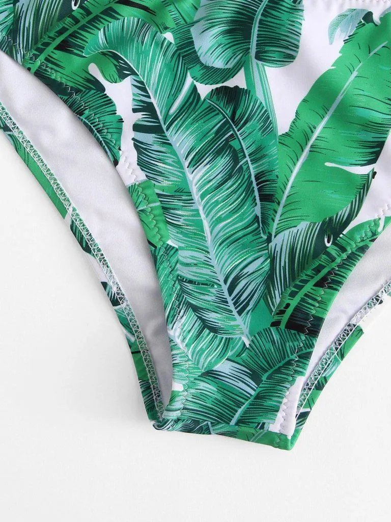 Palm Leaf Print Halter Neck Bikini Set