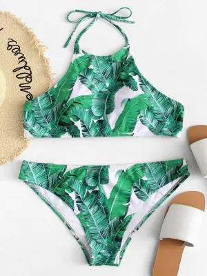Palm Leaf Print Halter Neck Bikini Set