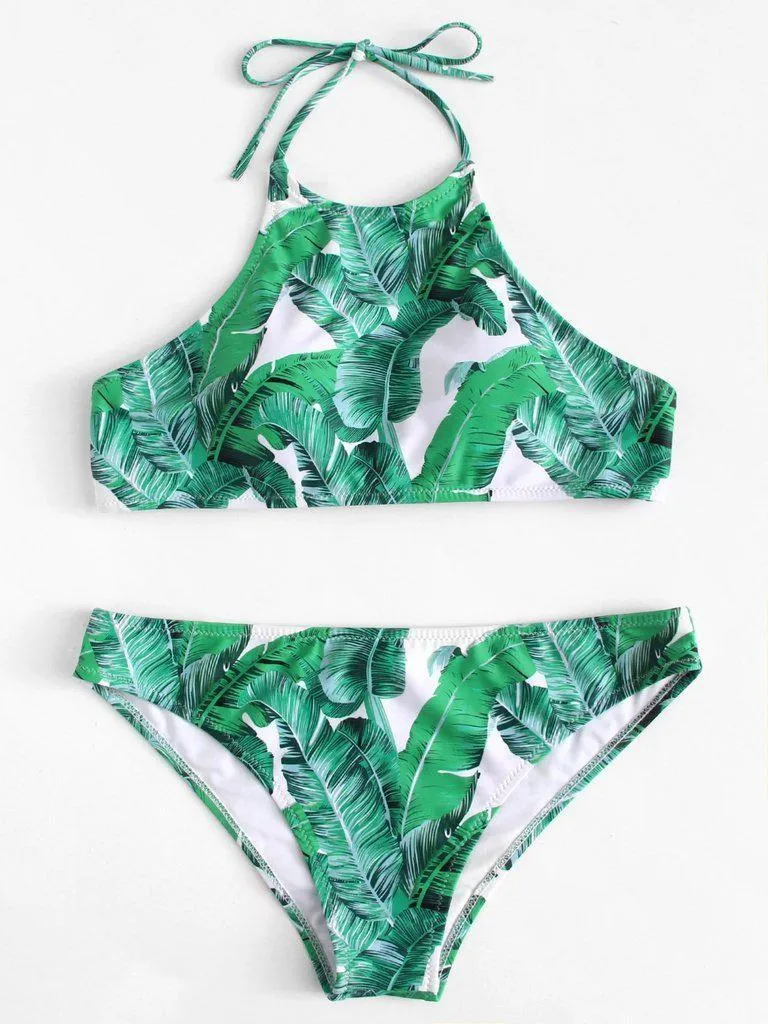 Palm Leaf Print Halter Neck Bikini Set