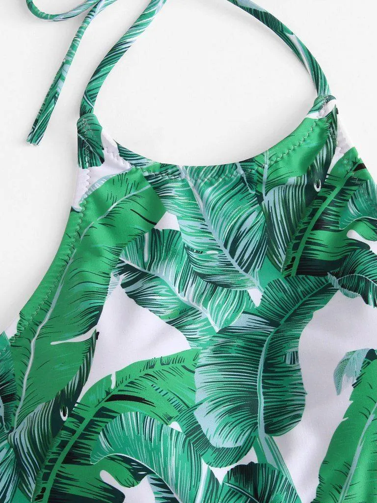 Palm Leaf Print Halter Neck Bikini Set