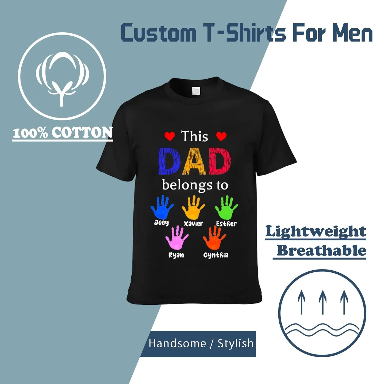 Personalized Fathers Day T-Shirt, Custom Best Gifts for Dad from Daughter Kids Wife, Customized Birthday Present