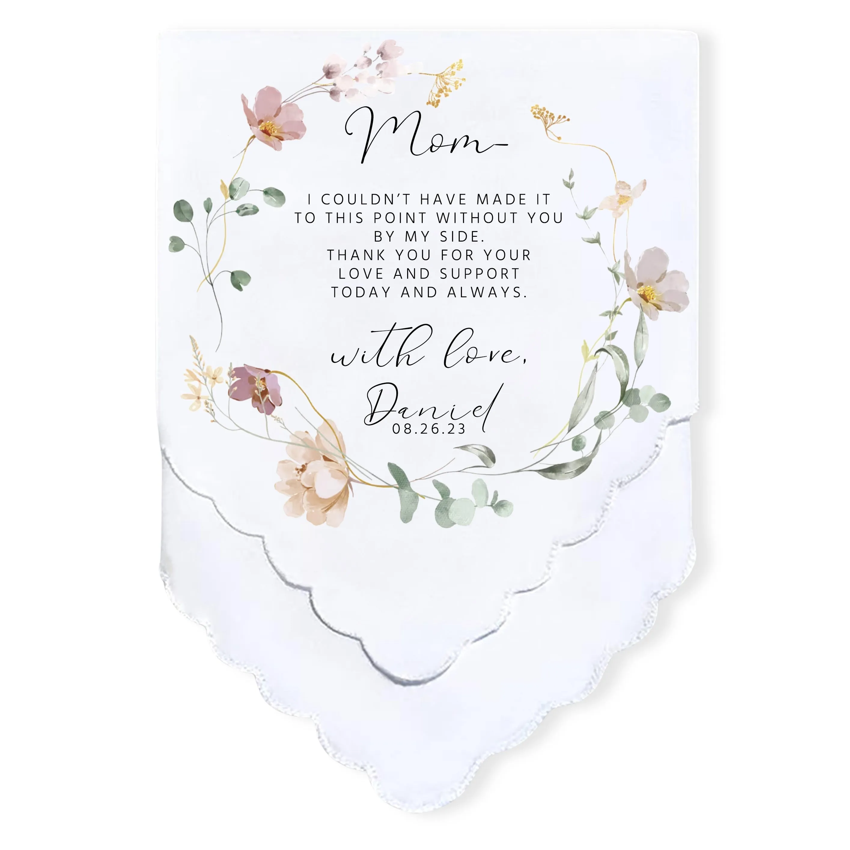 Personalized Wedding Handkerchief | Heartfelt Gift for Mother of the Bride Gifts | Thoughtful Customized Gift | Mother of the Bride Handkerchief | Custom Gift Keepsake for Mom | Spring Floral Wreath