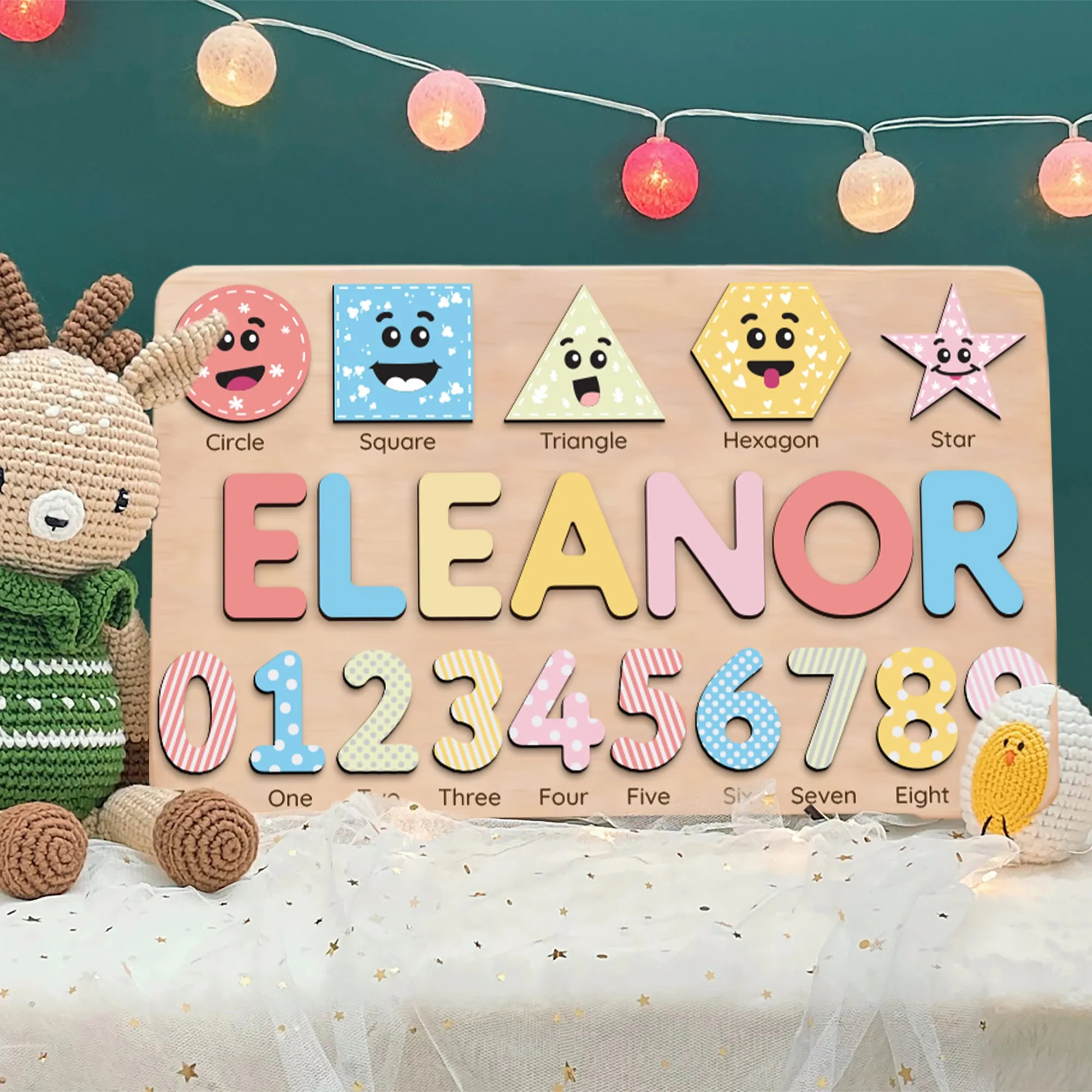 Personalized Wooden Shaped & Numbers Name Puzzle, Wooden Montessori Toys NP20